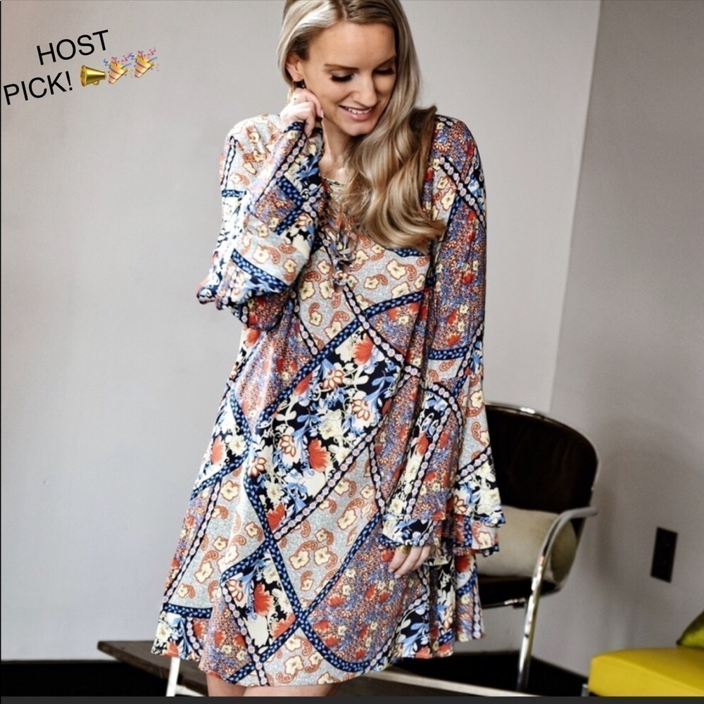 NWT Mix Print Bell Sleeve Dress